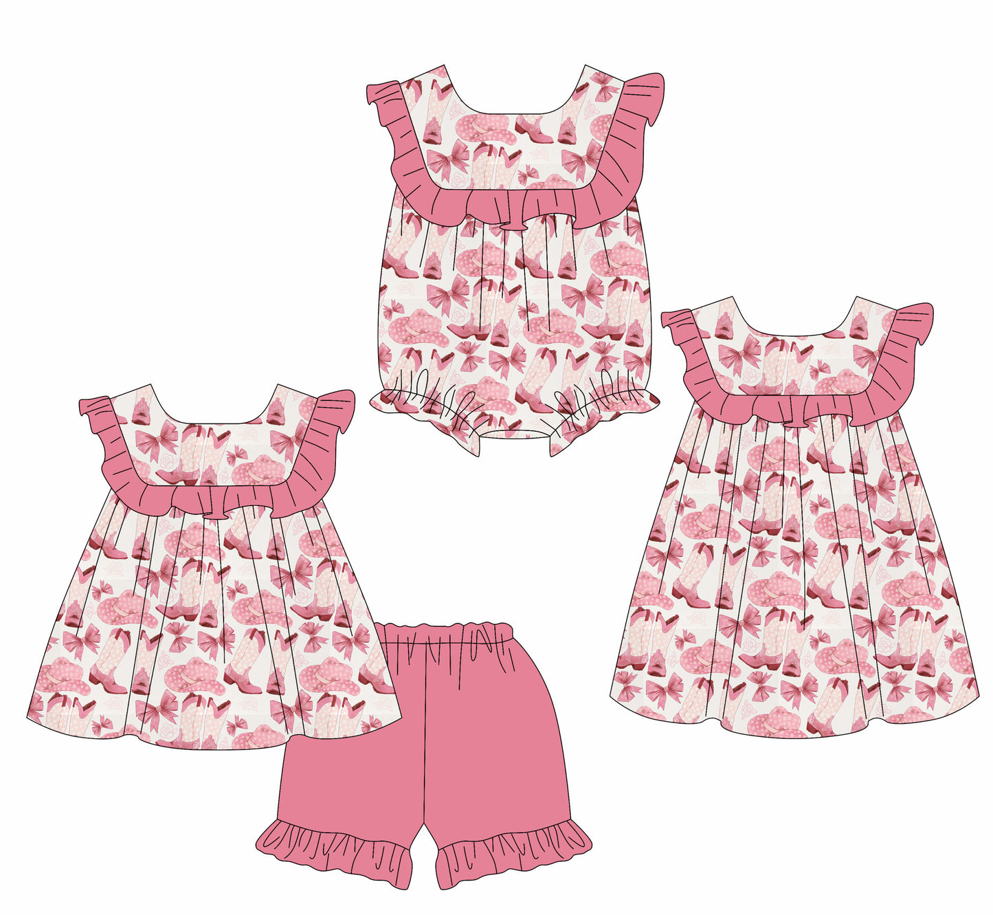 Custom moq 5 mix size Sibling Baby Girl's Pink Western Style with Bow Print Short-Sleeved Top And Shorts Set Cute Romper Dress for Spring Summer