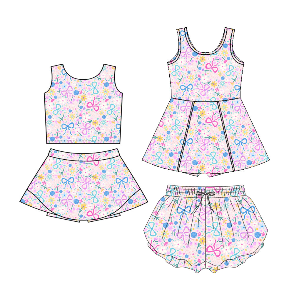 3.5 Custom moq 5 mix size Sibling Baby Girl's Flowers Print Pink Sleeveless Top And Skirt Yoga Set Yoga Dress with Shorts Girls Yoga Shorts
