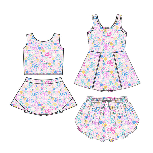 3.5 Custom moq 5 mix size Sibling Baby Girl's Flowers Print Pink Sleeveless Top And Skirt Yoga Set Yoga Dress with Shorts Girls Yoga Shorts