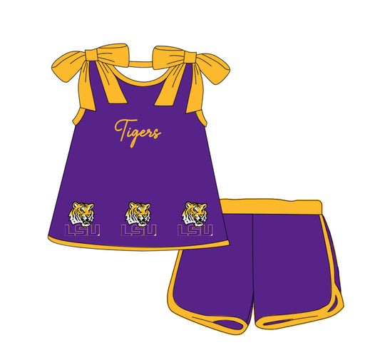Custom moq 5 each style eta 6-8weeks baby girl clothes team purple suspender shorts sets-25.10.14