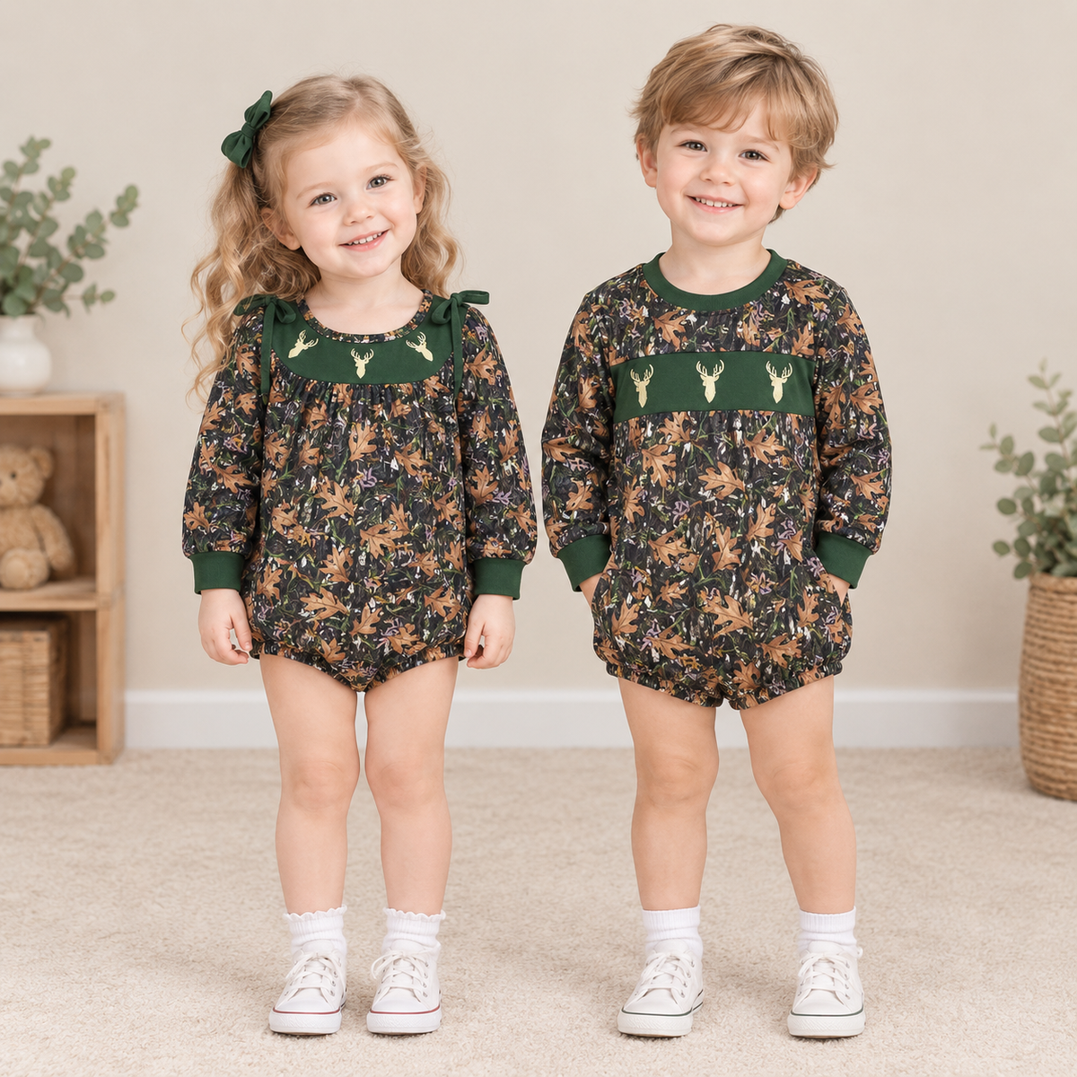 RTS NO MOQ Sibling milk silk Embroidery Baby Boys And Girls Leaf Camo Deer Embroidery Long Sleeve Bubble Romper