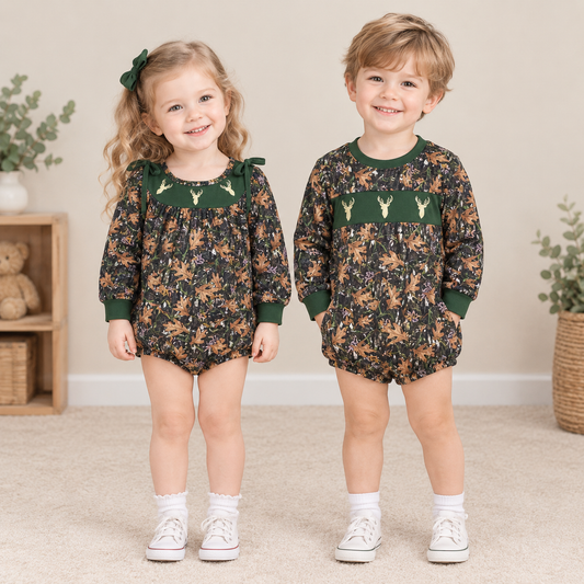 RTS NO MOQ Sibling milk silk Embroidery Baby Boys And Girls Leaf Camo Deer Embroidery Long Sleeve Bubble Romper