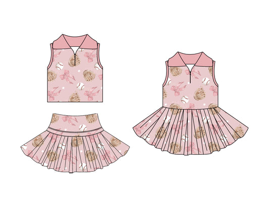 25.12.25 custom each style moq 5 eta 6-8week Sibling Sister baseball bow baby short sleeve skirts sets and dress match design