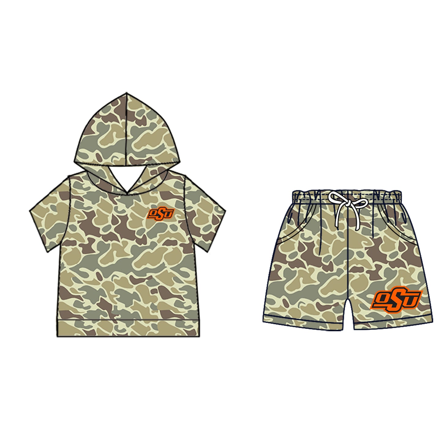 Custom moq 5 mix size milk silk summer teams Baby Camo Hooded Short Sleeve Top and Shorts Set Orange Ice Cream Drips Hooded Top with Matching Shorts