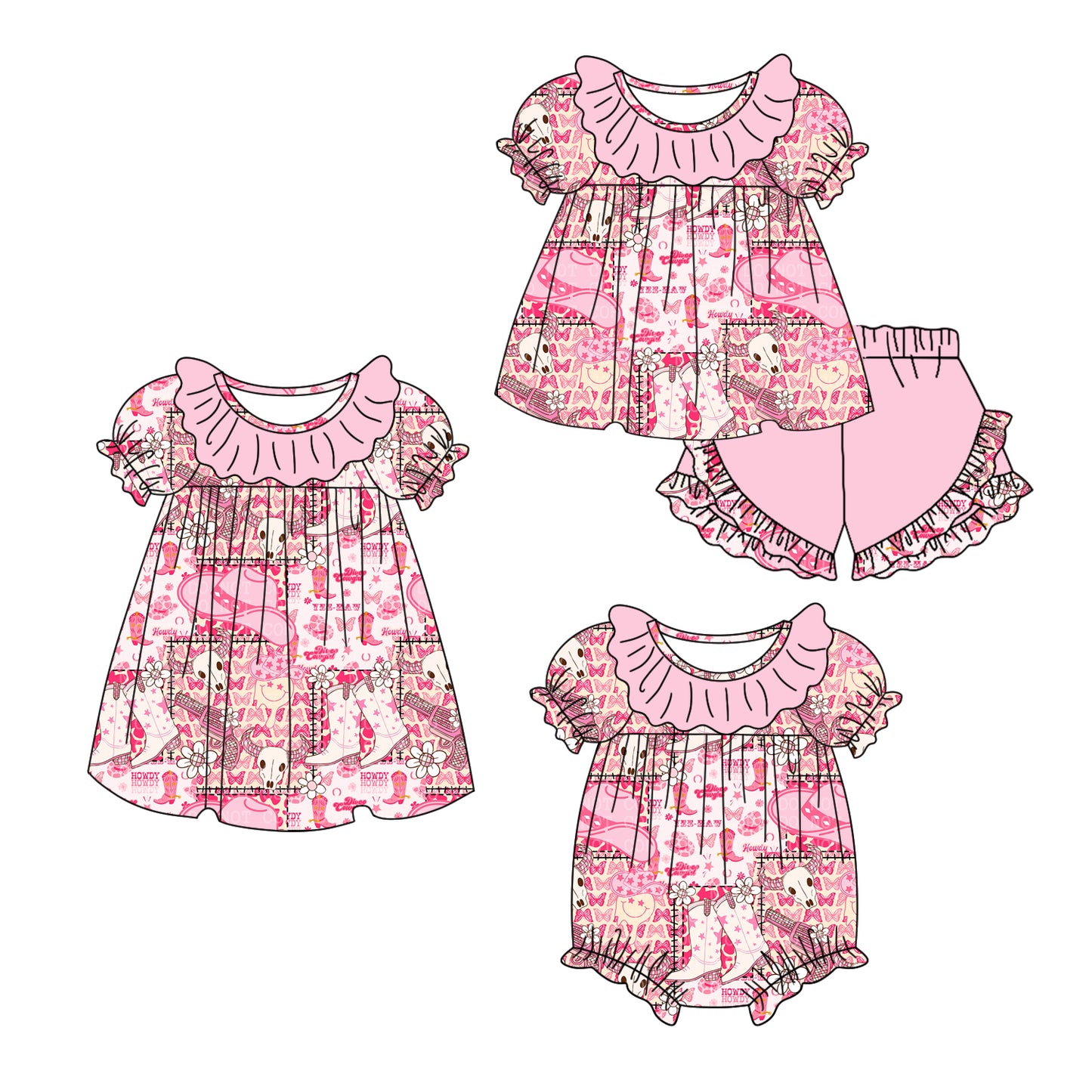 11.6 custom each style moq 5eta 4-6week Sibling Sister boot hats cow head baby girl short sleeve shorts sets and dress and rompers match family design