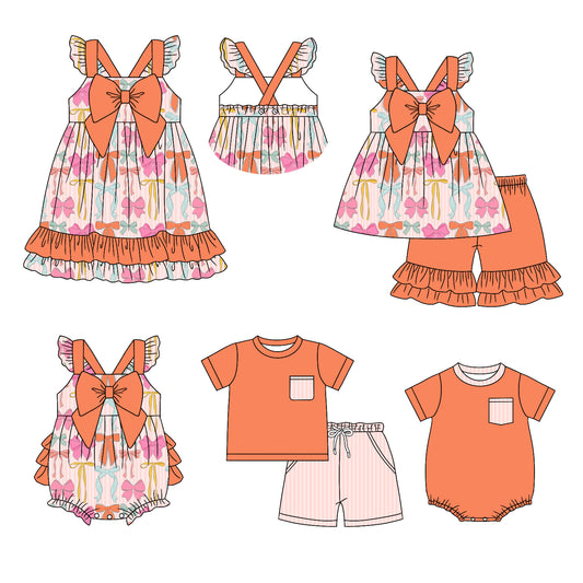 4.3 custom each style moq 5eta 4-6week Sibling Sister bow baby girl short sleeve shorts sets and sets 2 and boy romper and girl romper and dress match design
