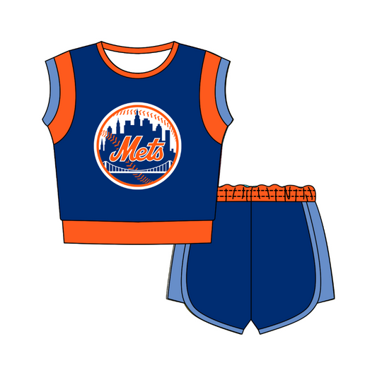 Custom moq 5 mix size milk silk summer teams  Blue Sleeveless O-Neck Top And Shorts Set Cute And Comfortable Kids' Outfit