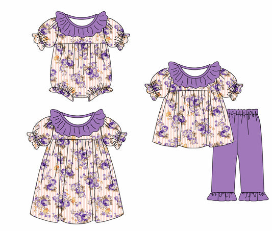 4.26 custom each style moq 5eta 4-6week Sibling Sisters floral baby girl short sleeve pants sets and dress and rompers match family design