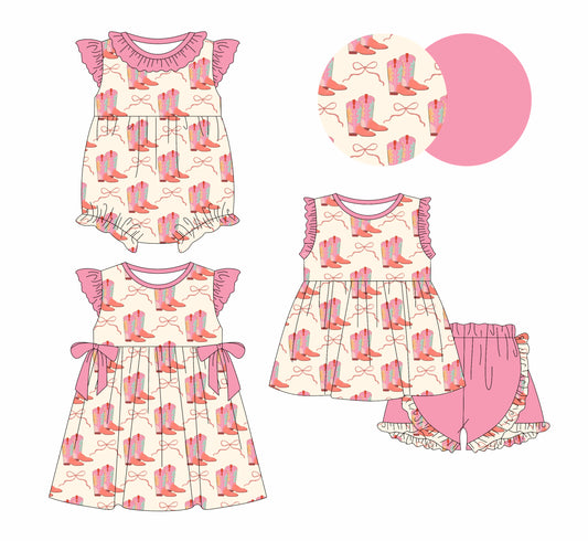25.12.5 custom each style moq 5 eta 6-8week Sibling Sister boot bow baby short sleeve shorts sets and romper and dress match design