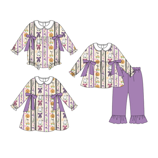 25.6.24 custom each style moq 5eta 4-6week Sibling Sisters halloween bow purple baby girl long sleeve pants sets and dress and rompers match family design