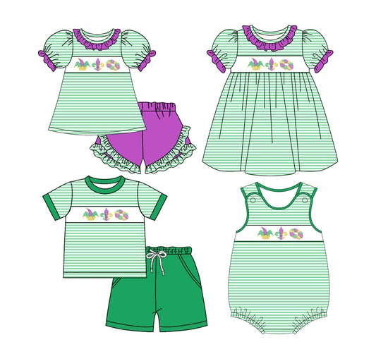 25.10.31 custom each style moq 5 eta 6-8week Sibling Sister mardi gras baby short sleeve shorts sets 2 and romper and dress match design