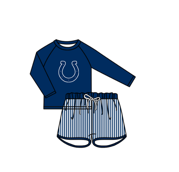 Custom moq 5 mix size milk silk summer teams baby girl boys clothes Navy Blue Two-Piece Swimsuit Set One Piece Swimsuits boy swim trunks
