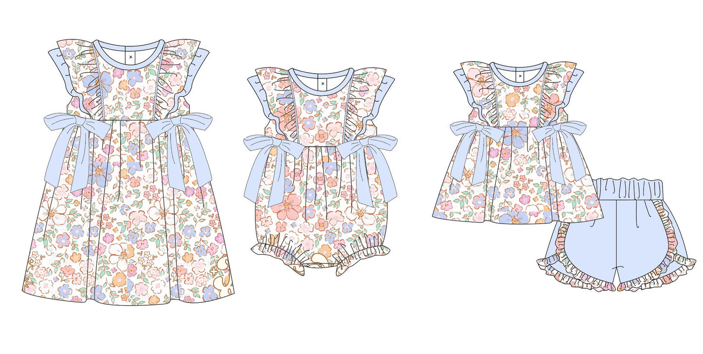 11.11 custom each style moq 5eta 4-6week Sibling Sister floral baby girl short sleeve shorts sets and dress and rompers match family design
