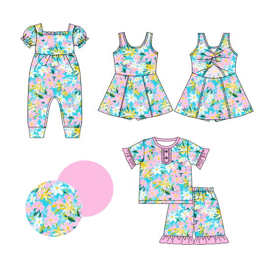 1.4 custom each style moq 5eta 4-6week Sibling Sistes florals baby girl short sleeve shorts sets and dress and rompers match family design