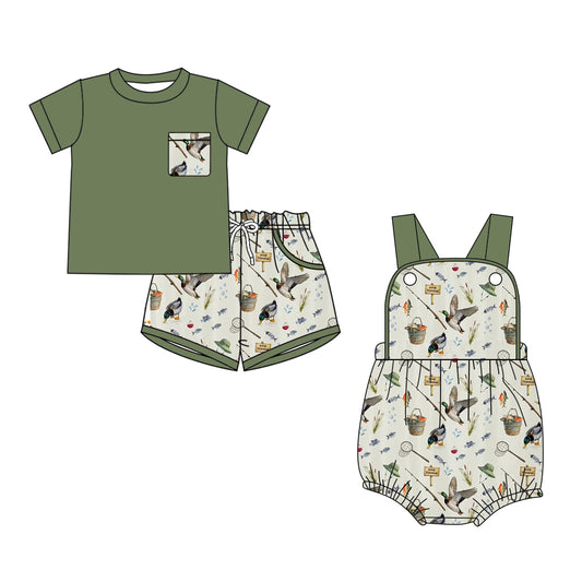 2.26  Custom moq 5 mix size Sibling Green Baby Boys Romper Short-Sleeved Top And Shorts Set for Infants