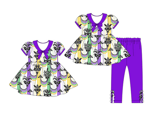 25.10.3 custom each style moq 8 eta 6-8week Sibling Sisters mardi gras baby girl short sleeve pants sets and dress match family design