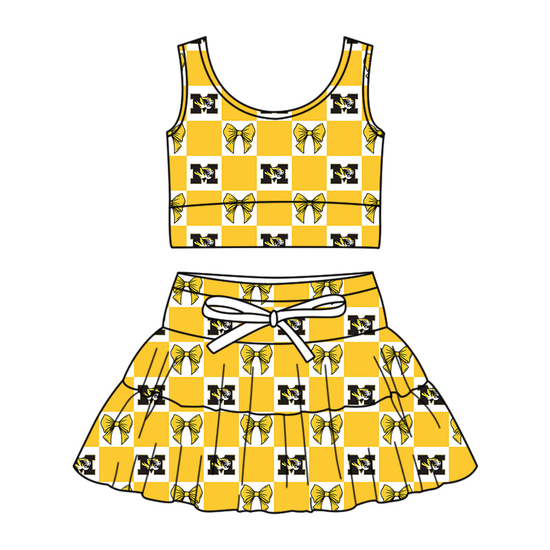 Custom moq 3 or 5 mix size milk silk summer teams baby girl clothes bow yellow sleeveless skirts sets-26.1.19