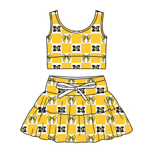Custom moq 3 or 5 mix size milk silk summer teams baby girl clothes bow yellow sleeveless skirts sets-26.1.19