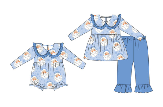 25.5.15 custom each style moq 5eta 4-6week Sibling Sisters Christmas blue baby girl long sleeve pants sets and rompers match family design