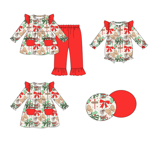25.7.29 custom each style moq 5eta 4-6week Sibling Sisters Christmas bow baby girl long sleeve pants sets and dress and rompers match family design