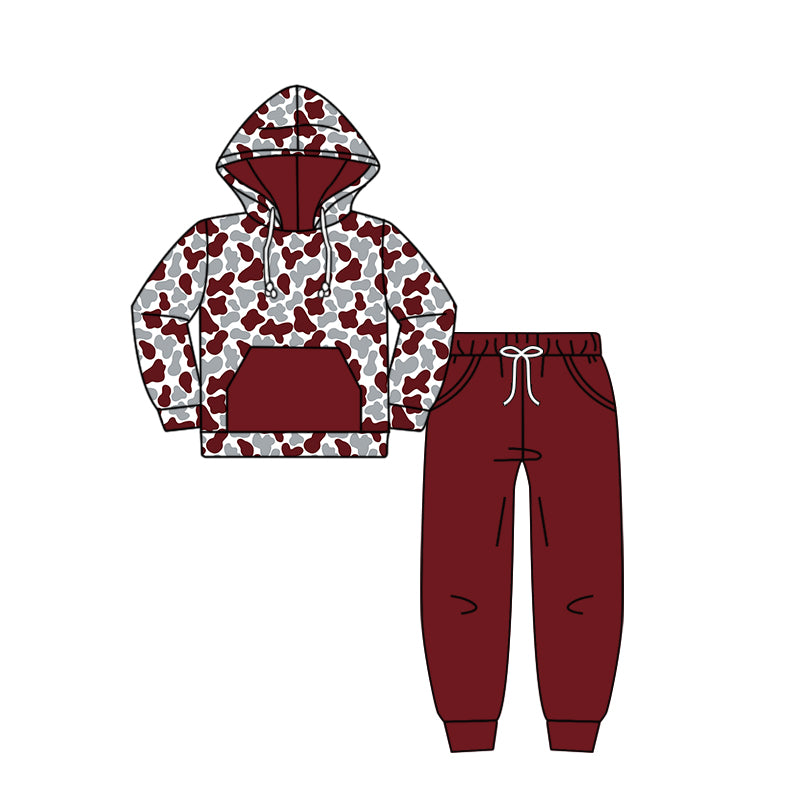 Custom moq 5 mix size milk silk summer teams baby girls clothes camouflage brick red hooded long sleeve pants sets 2 and boy pants sets and pant-25.8.7