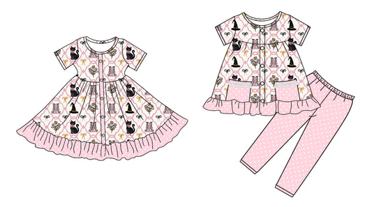 5.6 custom each style moq 5eta 4-6week Sibling Sister bow cat baby girl pants sets and dress match family design