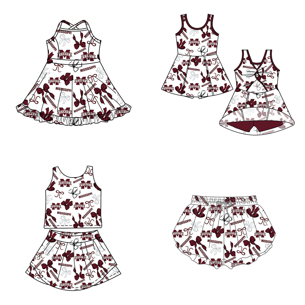 Custom moq 5 mix size milk silk summer teams Dark Red Bow Baby Girls Vest Top Skirt Shorts Sets Sleeveless Yoga Knee Length Dresses Yoga Shorts