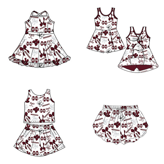Custom moq 5 mix size milk silk summer teams Dark Red Bow Baby Girls Vest Top Skirt Shorts Sets Sleeveless Yoga Knee Length Dresses Yoga Shorts