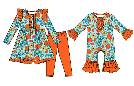 25.7.9 custom each style moq 5eta 4-6week Sibling Sister pumpkin bow floral baby girl long sleeve pants sets and rompers match family design