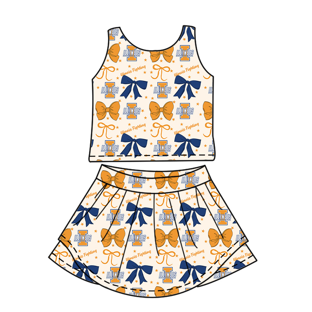 Custom moq 5 mix size milk silk summer teams baby girls clothes team bow orange sleeveless skirts sets and dress 1 and dress 2 and dress 3-25.6.25