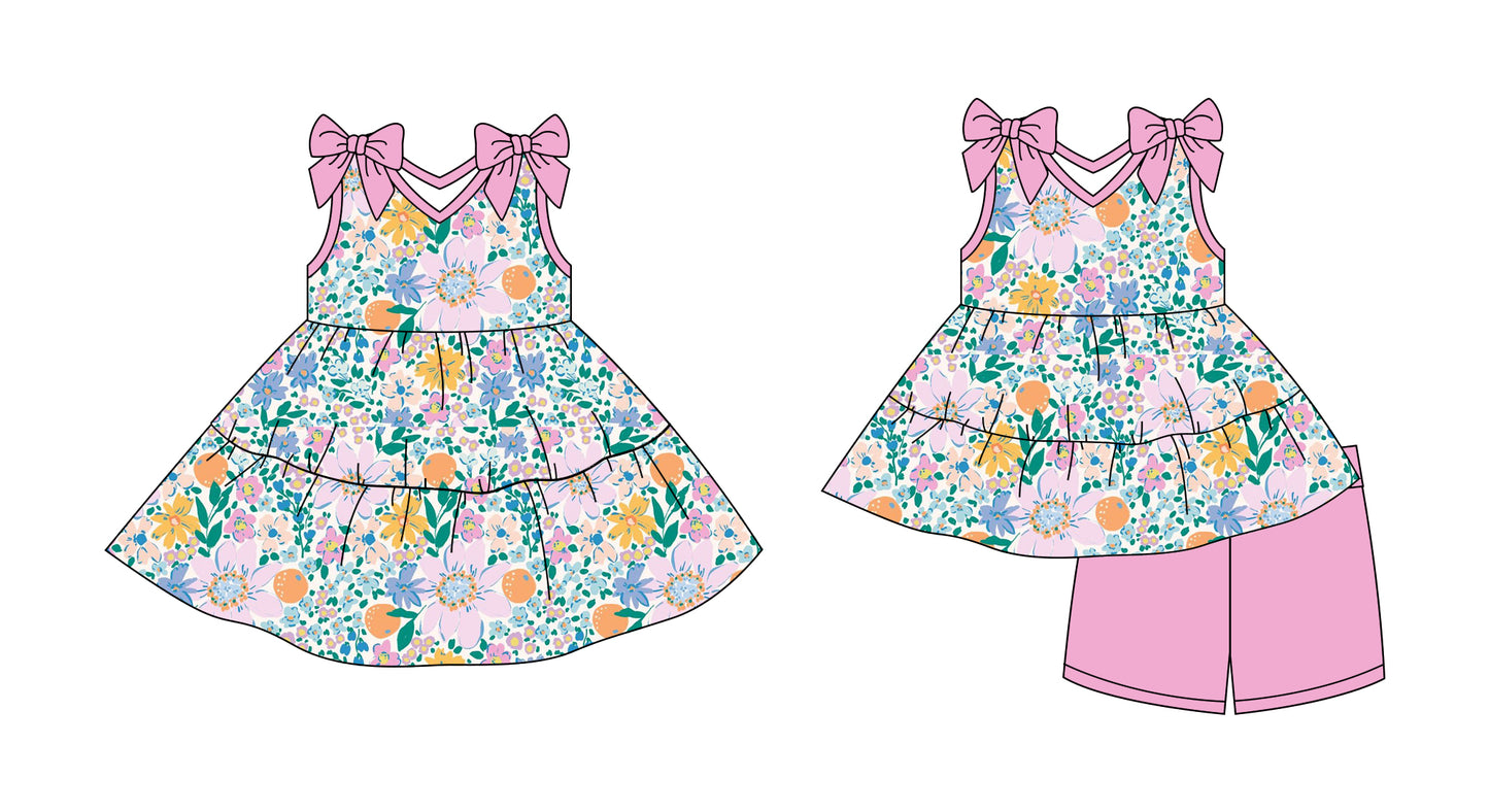 2.27 custom each style moq 5eta 4-6week Sibling Sister floral baby girl short sleeve shorts sets and dresses match design