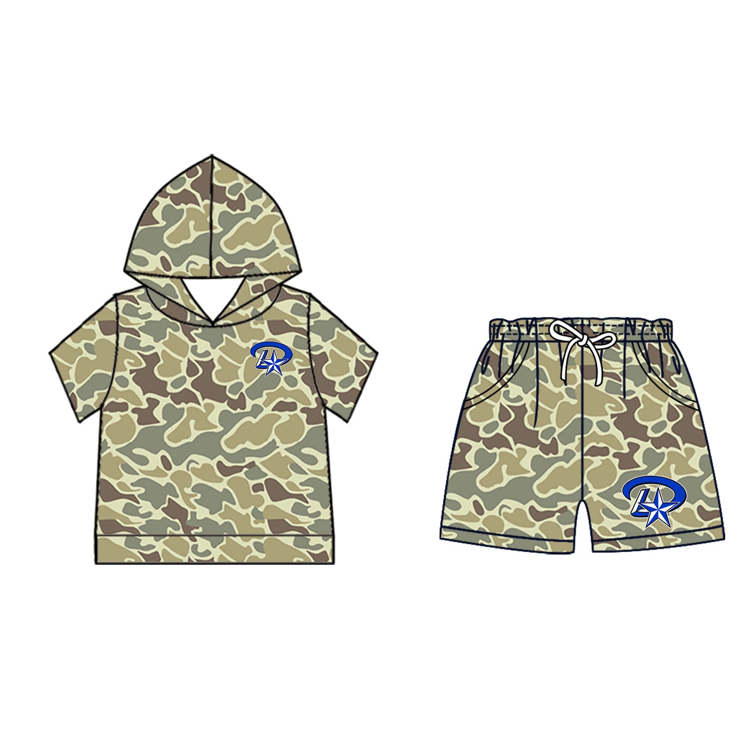 Custom moq 5 mix size milk silk summer teams Baby Camo Hooded Short Sleeve Top and Shorts Set Blue Ice Cream Drips Hooded Top with Matching Shorts