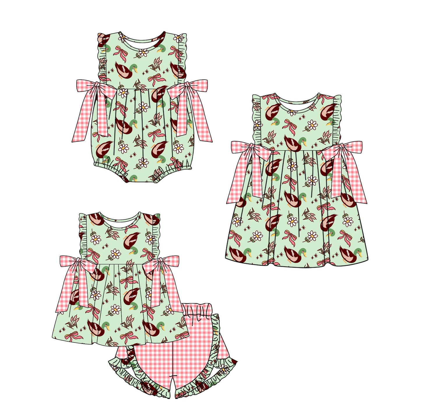 11.14 custom each style moq 5eta 4-6week Sibling Sister duck bow baby girl short sleeve shorts sets and dress and rompers match family design