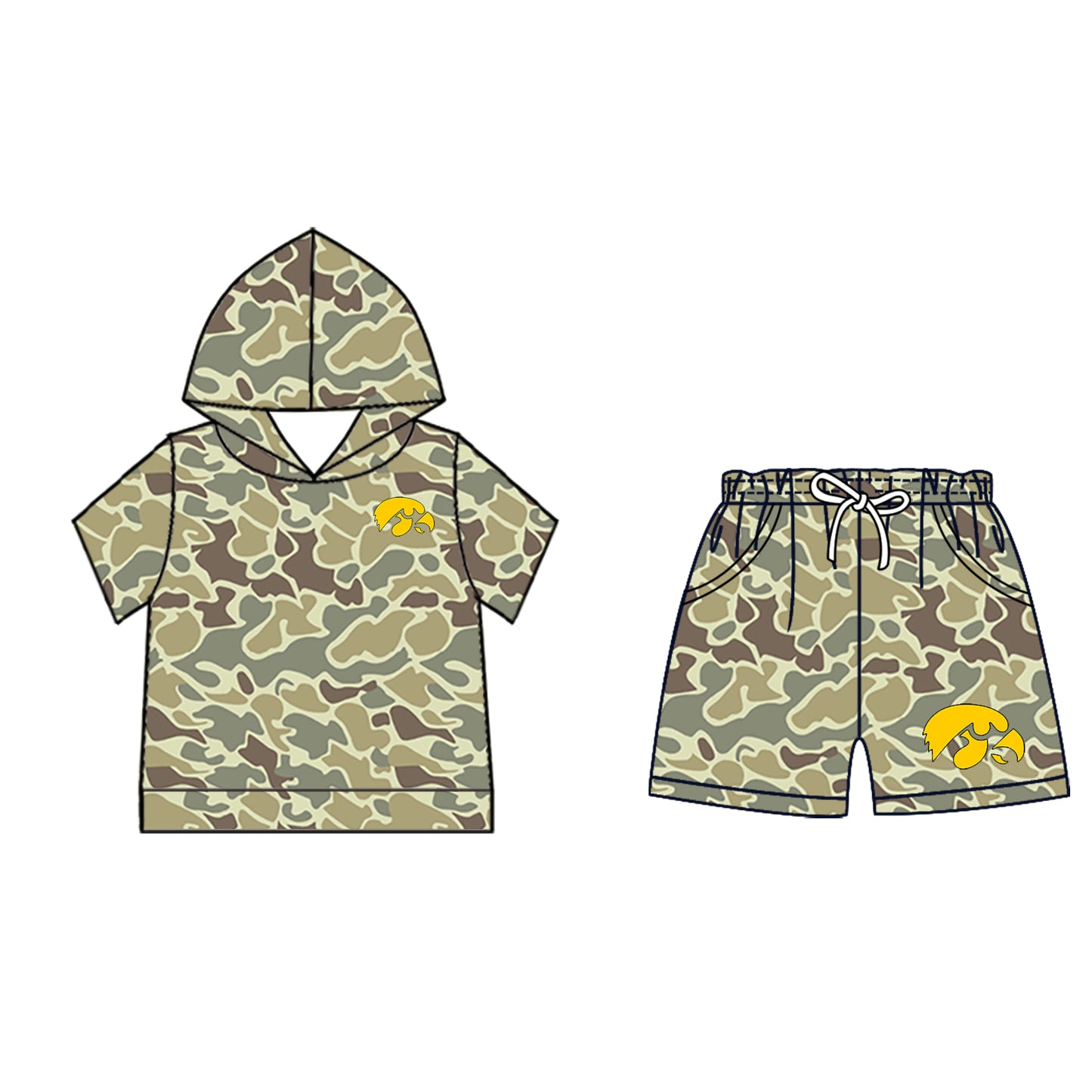 Custom moq 5 mix size milk silk summer teams Camo Hooded Short Sleeve Top Shorts Set Ice Cream Drips Yellow Hooded Top with Matching Shorts For Kids