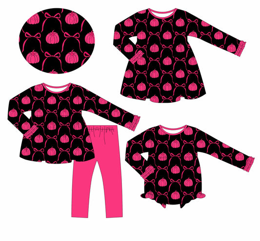 25.6.13 custom each style moq 5eta 4-6week Sibling Sisters pumpkin bow baby girl long sleeve pants sets and dress and rompers match family design