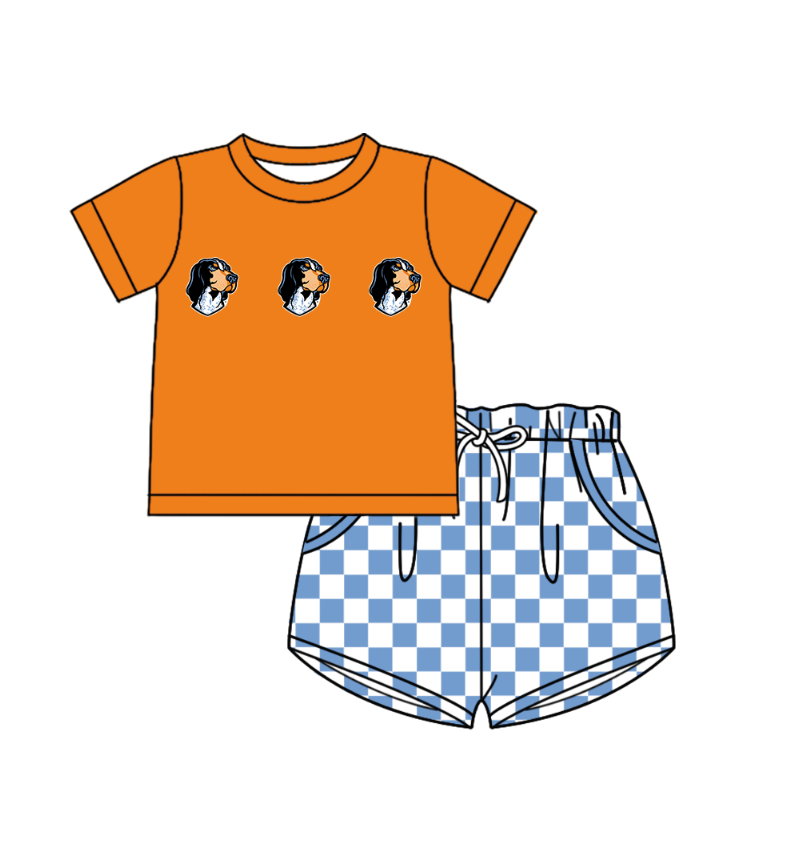 Custom moq 5 mix size milk silk summer teams Boy's Short Sleeved Orange Top Plaid Shorts Set Girl's Short-Sleeved Set with Matching Swimsuits Adult Shorts