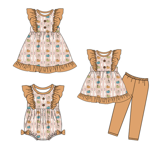 4.30 custom each style moq 5eta 4-6week Sibling Sisters pumpkin baby girl short sleeve pants sets and dress and rompers match family design