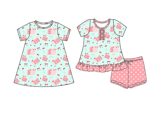 4.17 custom each style moq 5eta 4-6week Sibling Sister cake baby girl short sleeve shorts sets and dresses match design