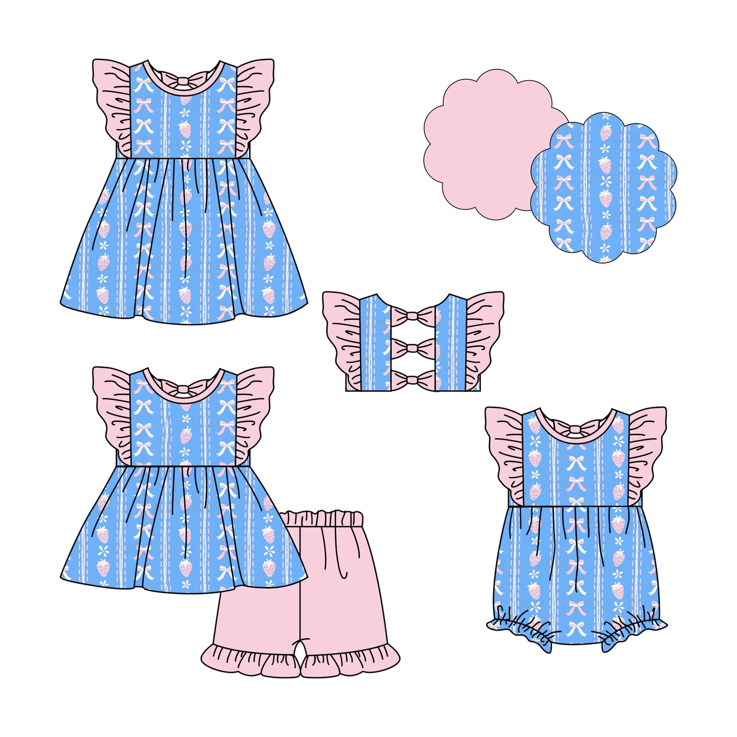 25.5.25 custom each style moq 5eta 4-6week Sibling Sisters floral bow blue baby girl short sleeve shorts sets and dress and rompers match family design