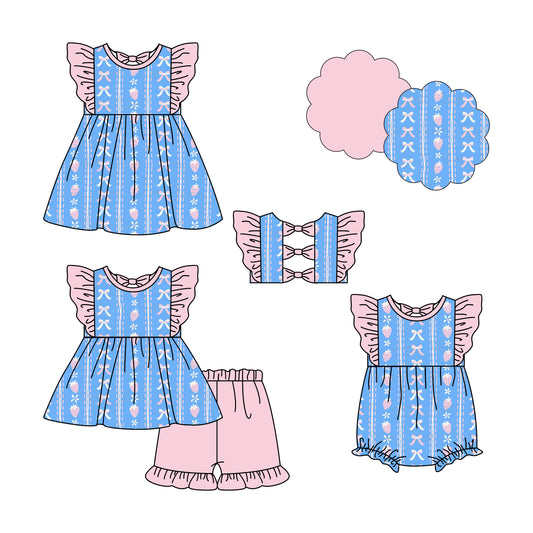 25.5.25 custom each style moq 5eta 4-6week Sibling Sisters floral bow blue baby girl short sleeve shorts sets and dress and rompers match family design
