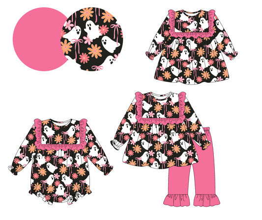 25.5.12 custom each style moq 5eta 4-6week Sibling Sisters ghost bow baby girl long sleeve pants sets and dress and rompers match family design