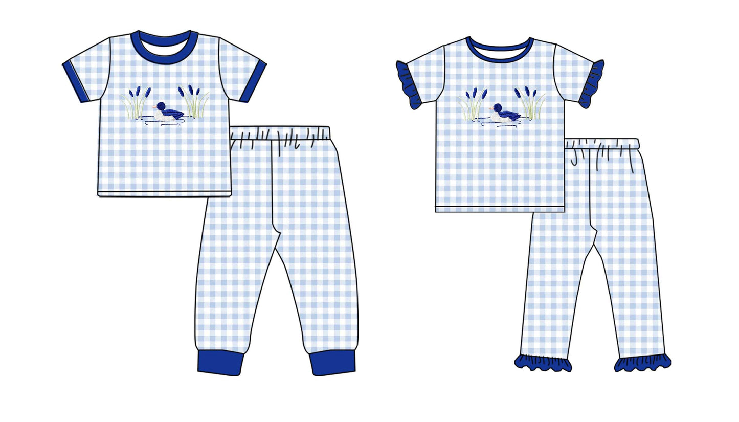 11.2 custom each style moq 5eta 4-6week Sibling Sister duck blue baby girls short sleeve pants sets 1 and boy short sleeve pants sets 2 match design