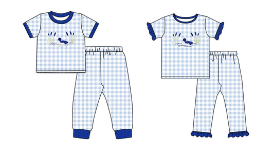 11.2 custom each style moq 5eta 4-6week Sibling Sister duck blue baby girls short sleeve pants sets 1 and boy short sleeve pants sets 2 match design