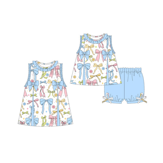 3.21 custom each style moq 5eta 4-6week Sibling Sister bow baby girl short sleeve shorts sets and dresses match design