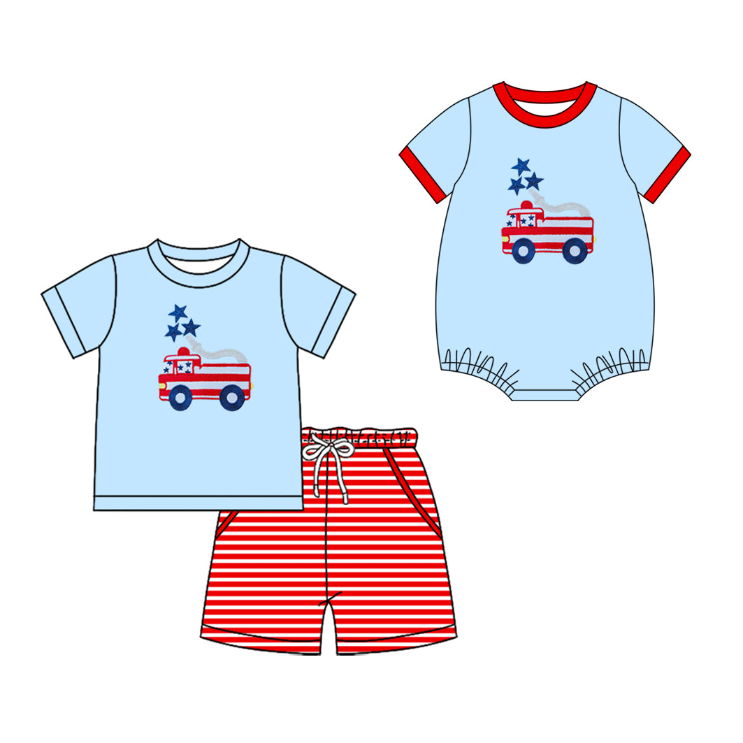 3.2  Custom moq 5 mix size Sibling 4th of July Baby Boys Romper Short-Sleeved Blue Top And Shorts Set for Infants