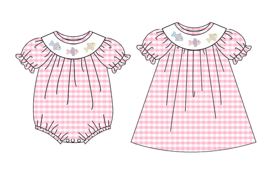 3.4 Custom moq 5 mix size Sibling Baby Girl's Plaid Pink Short-Sleeved Dress Romper Cute  Summer Outfit for Infants