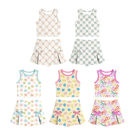 Custom moq 5 mix size Sibling Baby Girl's Floral Print Yoga Outfit Sleeveless Top And Skirt Set