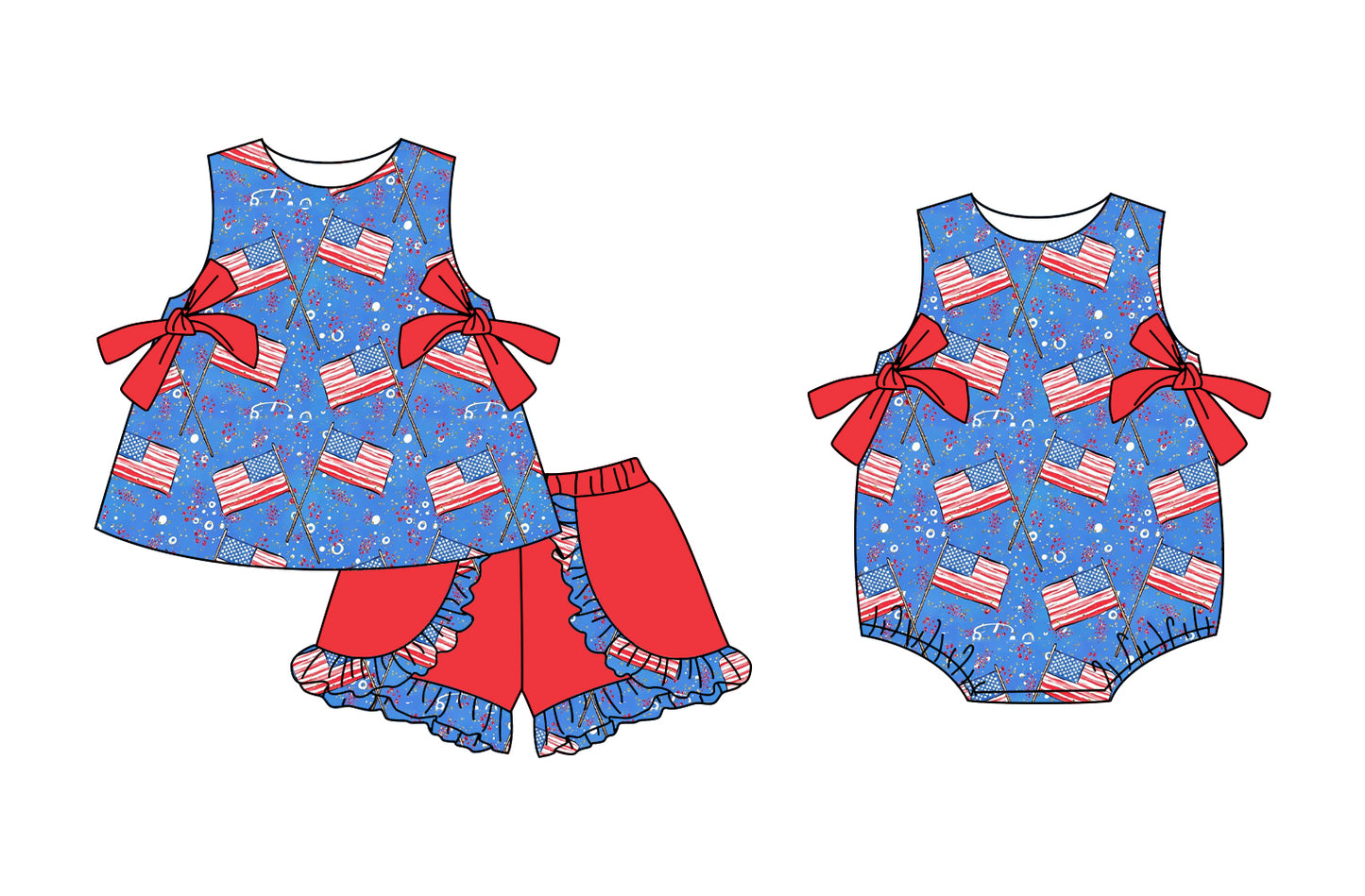 3.3 custom each style moq 5eta 4-6week Sibling Sister 4th of july flag baby girl short sleeve shorts sets and romper match design