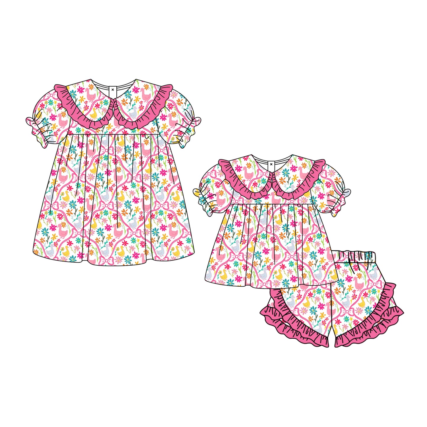3.3 Custom moq 5 mix size Sibling Baby Girl's pink flowers Short-Sleeved Top And Shorts Set Cute Dress for Summer