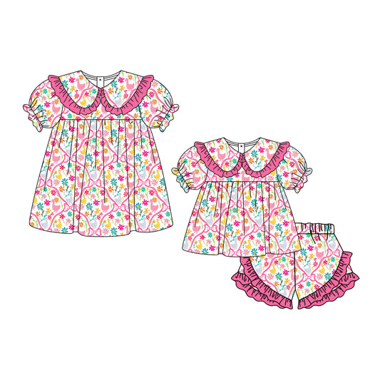 3.3 Custom moq 5 mix size Sibling Baby Girl's pink flowers Short-Sleeved Top And Shorts Set Cute Dress for Summer